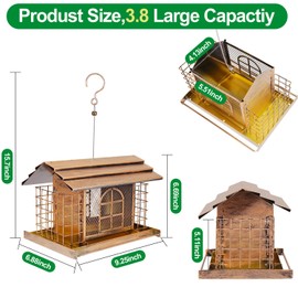 Squirrel Proof Bird Feeder for Outdoors, Metal Bird Feeder Hanging, 3.8LB Large Capacity with Double Suet Cages, Rainproof Roof, Attracts Cardinals, Finches, Blue Jays, for Backyard & Garden