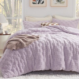 Bedsure Fluffy Queen Comforter Set, Light Purple Sherpa Fleece Bedding Comforter Set, Checkered Farmhouse Boho Soft Warm Bed Set for Winter, 3 Pieces, 1 Comforter (90"x90") and 2 Pillowcases (20"x26")