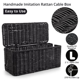 Handmade Cable Management Box Black, Imitation Rattan Cord Organizer Box, Decorative Cord Hider Box, Cable Organizer Box for Desk, Cord Management Box to Hide Cords and Power Strip L12.5 W5.2 H5.5