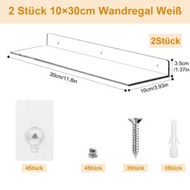 VEPEPE Pack of 2 Transparent Wall Shelves, No Drilling with Screws, Acrylic Bathroom Shelf, No Drilling, 30 cm, Small Wall Shelf, Bathroom for Gluing, Floating Shelf for Bedroom, Kitchen, Living Room,