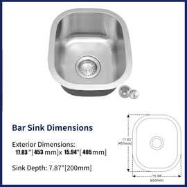 MONSINTA Bar Sink,17.83” x 15.94”Undermount Kitchen Sink,18 Gauge Stainless Steel Small but Deep Single Bowl RV Sinks with Drain Strainer,Suitble for Bathroom,Laundry,Trailer,Outdoor