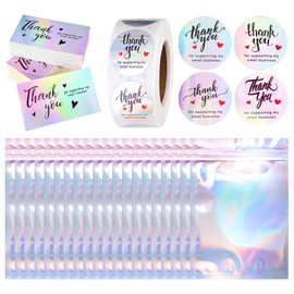 620Pcs Thank You Business Cards Stickers Set Gold Foil Include 100 Thank You Business Card 500 Thank You for Supporting My Small Business Stickers 20 Resealable Packaging Bags Owners (B-Holographic)