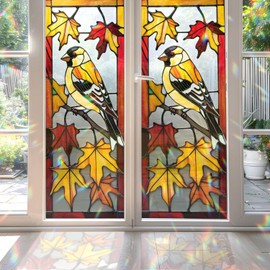 Goldfinch & Autumn Leaves Stained Glass Window Film, Decorative Goldfinch & Autumn Leaves Stained Glass Window Film, Goldfinch Stained Glass Window Film for Bathroom Door Heat Anti UV RA02