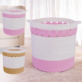 RRM Laundry Hamper 45L,15''x15''x16'' Tall Woven Cotton Laundry Basket with Handle, Decorative Storage Basket for Dirty Clothes Blankets Toys in Living/Bath/Baby/Laundry Room, Pink