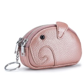 Women's Coin Purse, Key Case, Genuine Leather, Cute Elephant, Mini Pouch, Smart Key Case, Storage of 2, Mini Wallet, Compact, Coin Case, Hand Held, Includes Key Ring, Pink
