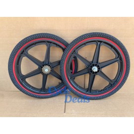Unbranded 20" Bicycle Plastic Black Mag Wheels, Red Wall Tires Set GT Dyno Old School Rims - brown freewheel