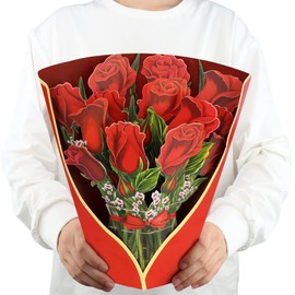 3D Pop-up Blumenstrauß Grußkarte,Muttertag Karte 12''Größe Handgemachtes Geschenk,Ideal für Lehrertag,Abschlussfeier,Geburtstagsgeschenk,für Mütter,Lehrer oder Freunde (Rote Rose)