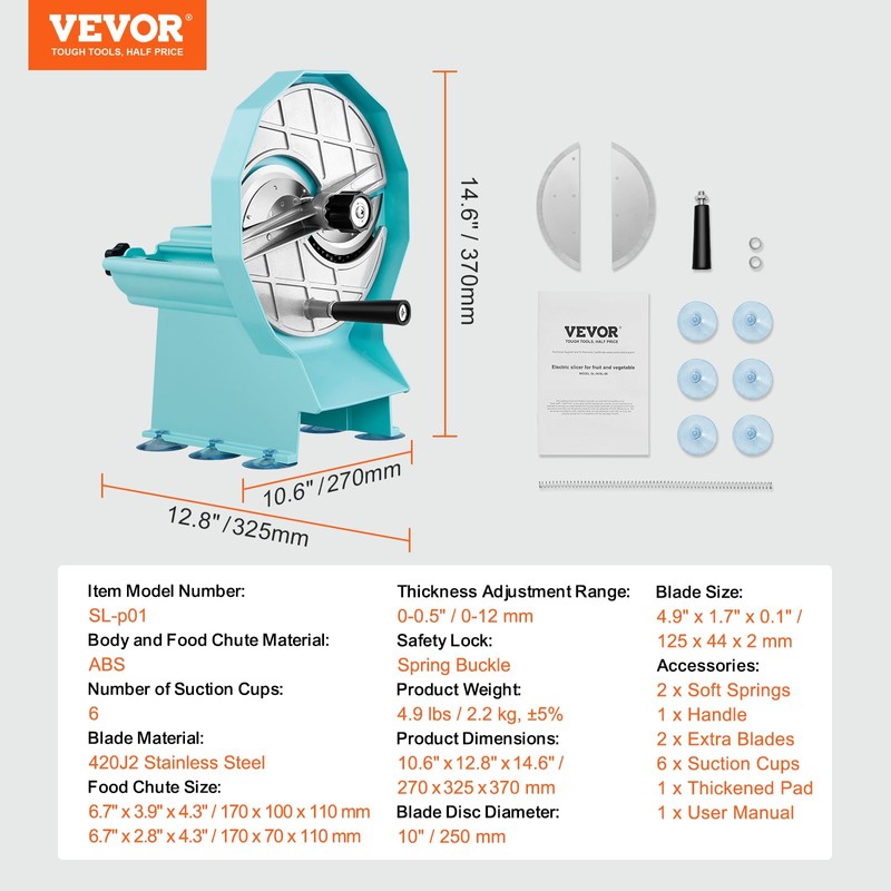 VEVOR Manual Vegetable Fruit Slicer, 0-0.5"/0-12mm Thickness Adjustable Commercial Slicer