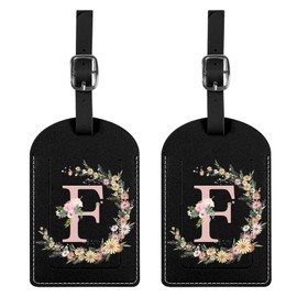 BHAHB 2 Pack Initial Letter Luggage Tag Monogram Luggage Tag PU Leather Suitcase Tags Funny Aesthetic Cute Flower Floral Monogrammed Travel Bag Labels for Women Girls (Letter-F)