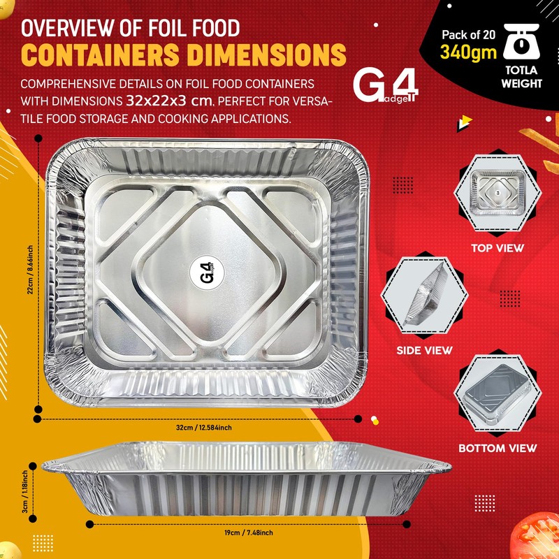 G4GADGET 25 Pack Large Aluminium Foil Trays (32x22x3 cm) -