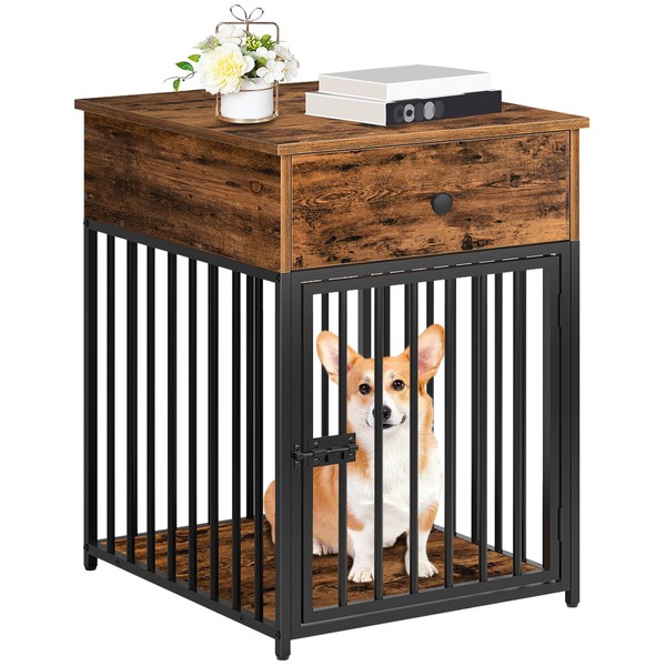 HOOBRO Dog Crate Furniture, Wooden Dog House, Decorative Dog Kennel with Drawer, Indoor Pet Crate End Table for Small Dog, Steel-Tube Dog Cage, Chew-Proof, Rustic Brown and Black BF01GW03