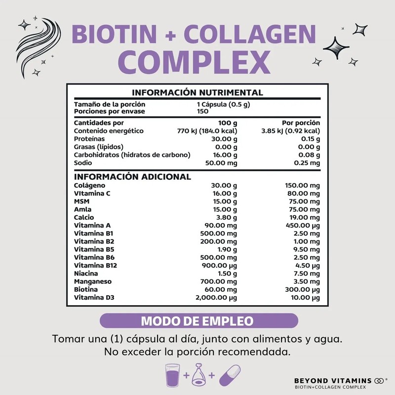 Biotina Colágeno - Cabello Piel Uñas - 150 Cápsulas