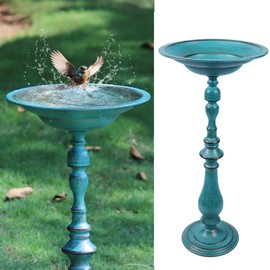 AIHAOKAN 27.17”H Antique Pedestal Bird Bath,Bird Baths for Outdoors, Metal Bird Bath Bird Feeder Seed Tray for Garden Yard Decor (Retro Blue Green)