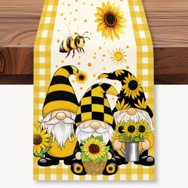 WADORN Sunflower Gnomes Bee Table Runner, 13x72 Inch Buffalo Plaid Yellow Kitchen Dining Table Decoration Spring Summer Seasonal Farmhouse Holiday Table Runner for Home Party Indoor Outdoor Decor