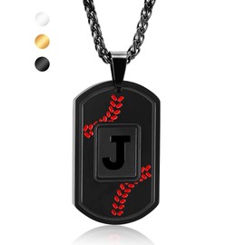 Fervia Baseball Initial Necklace for Men Dog Tag Stainless Steel Black Letter Pendant Sport Baseball Athletes Jewelry Gifts for Men Boyfriend with 22+2 Inches Stainless Steel Chain(J)