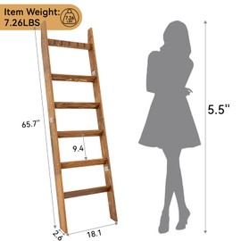 TEAKMAMA 6-Tier Blanket Ladder for Living Room and Bedroom,5.4 Ft Wall Leaning Quilt Rack with Hooks,Rustic Decorative Farmhouse Blanket Storage,Stylish Ladder Holder,Easy to Assemble,Honey Brown