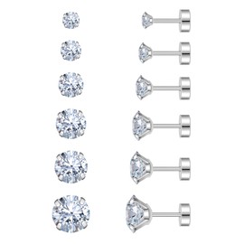 Flat Back Stud Earrings for Women Cartilage Earrings Surgical Steel Earrings CZ Earrings Studs 6 Pairs 18G
