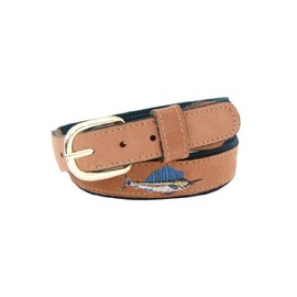 ZEP-PRO Men's Tan Leather Embroidered Sailfish Belt, 32-Inch, Tan/Navy