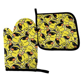 Abucaky Funny Rubber Duck with Sunglasses Oven Mitts and Pot Holders Insulated Gloves & Kitchen Counter Safe Mats for Cooking BBQ Baking Grilling (2-Piece Set)