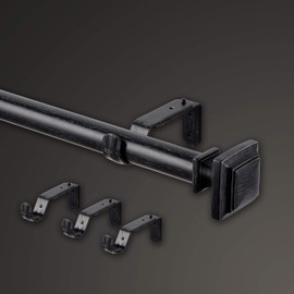 MODE Farmhouse Collection 1 1/8" Diameter Curtain Rod Set with Cottage Square Curtain Rod Finials and Steel Wall Mounted Adjustable Curtain Rod, Fits 72” to 144” Windows, Weathered Black