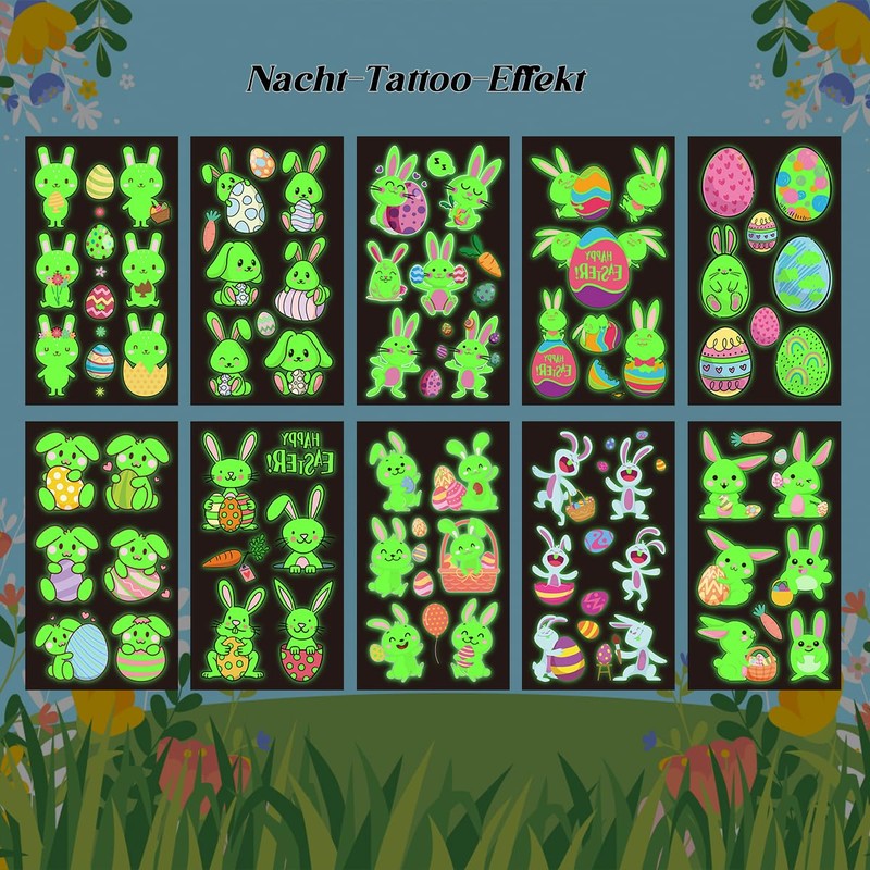 Children's Easter Tattoos, 10 Sheets of Luminous Easter Eggs Tattoos,