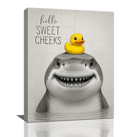 Viorise Funny Shark Bathroom Decor Wall Art Black and White Shark Duck Pictures Canvas Hello Cheeks Painting Artwork Decoration Bathroom Signs 12"x16"