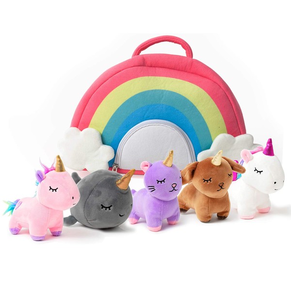 Pixie Crush Unicorn Toys Stuffed Animal Gift Plush Set with Rainbow Case – 5 Piece Stuffed Animals with 2 Unicorns, Kitty, Puppy, and Narwhal – Toddler Gifts for Girls Aged 3, 4, 5 ,6 ,7, 8 yr olds