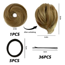 1 Piece Short Wig Bun with 5 Rubber Bands and 36 Clips, Ponytail Extensions, Wigs for Women, Straight Synthetic Hair, Wrap-around Hair Extensions, Elastic Puffy Bun