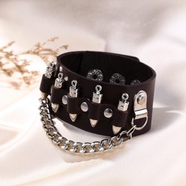 Flyonce Mens Leather Bracelet, Brown Cuff Bracelet Bullet Style Punk Rock n Roll Unisex Handmade for Men Women