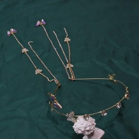 YOVECATHOU Rhinestone Long Butterfly Tassel Headband Solid Crystal Shiny Hair Accessories For Women Girls (Gold Purple)