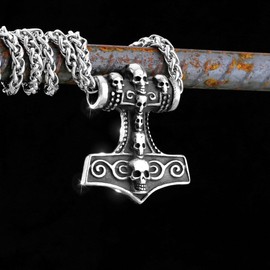 LOBON Viking Thor Hammer Necklace Nordic Vegvisir Valknut Symbol Pendant Stainless Steel Norwegian Amulet Jewelry Gift for Men Women