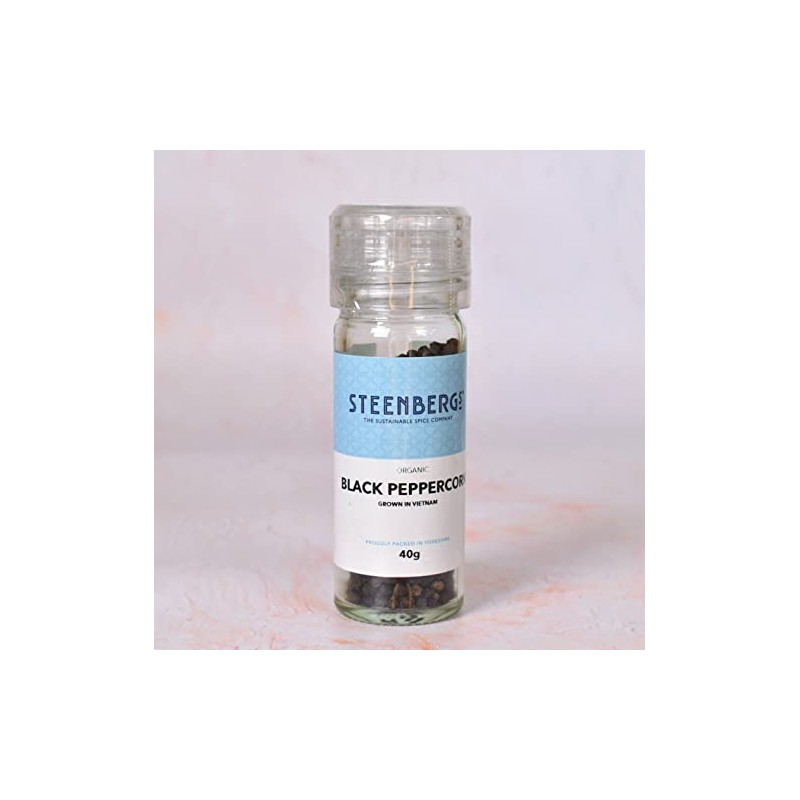 Steenbergs Organic Black Peppercorns 40g in a grinder