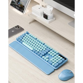 Wireless Keyboard and Mouse Combo - Cute Typewriter Keyboard with Detachable Wrist Rest, Retro Round Keycaps, Foldable Legs, 2.4GHz Full-Size Keyboard for PC, Laptop, Windows - Trueque (Glacier Blue)
