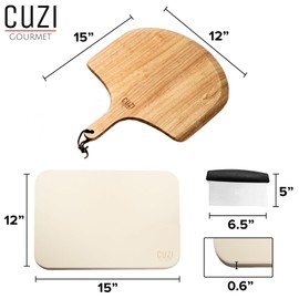 Cuzi Gourmet 3-Piece Pizza Stone Set - 15x12" Thermal Shock Resistant Cordierite Pizza Stone, 15x12" Natural Wood Pizza Peel & Pizza Cutter - Pizza Stone for Grill and Oven