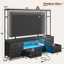 Romorgniz 55" W Entertainment Center with LED Lights & Power Outlets, TV Stand with 6 Drawer for up to 60 Inch, TV Stands for Living Room, Bedroom Black