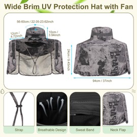 Maiteenly 2 Pcs Men Sun Hat with Solar Fan Fishing Hat with Neck Flap Wide Brim Cap for Hiking Outdoor,USB and Solar Powered(Dark Gray,Black)