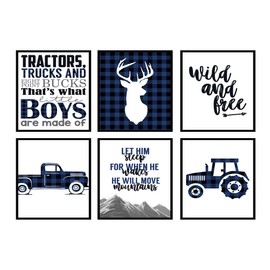 Silly Goose Gifts Navy Blue Buffalo Plaid Deer Tractor Truck Themed Children Wall Decor (Set of Six) Stag Hunting
