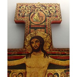 Olive Wood, San Damiano, St. Francis of Assisi Tau Crucifix Wall Cross Imported From Italy 8.25" with 5x7 Prayer Card