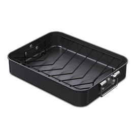 CHEFMADE Turkey Roasting Pan with V Rack, 16 Inch Deep Roasting Pan, Deep Lasagna Pan for BBQ Vegetbale and Meat 16" x 12.8" x 3" (Black)