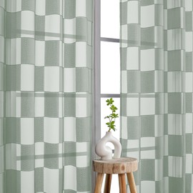 OVZME Barry Sage Green Sheer Curtains 63 Inch Length 2 Panels - Checkered Light Filtering Soft Airy Voile, Clip Jacquard Textured Drapes for Bedroom Living Room Window, Dual Rod Pocket, 42Wx63L