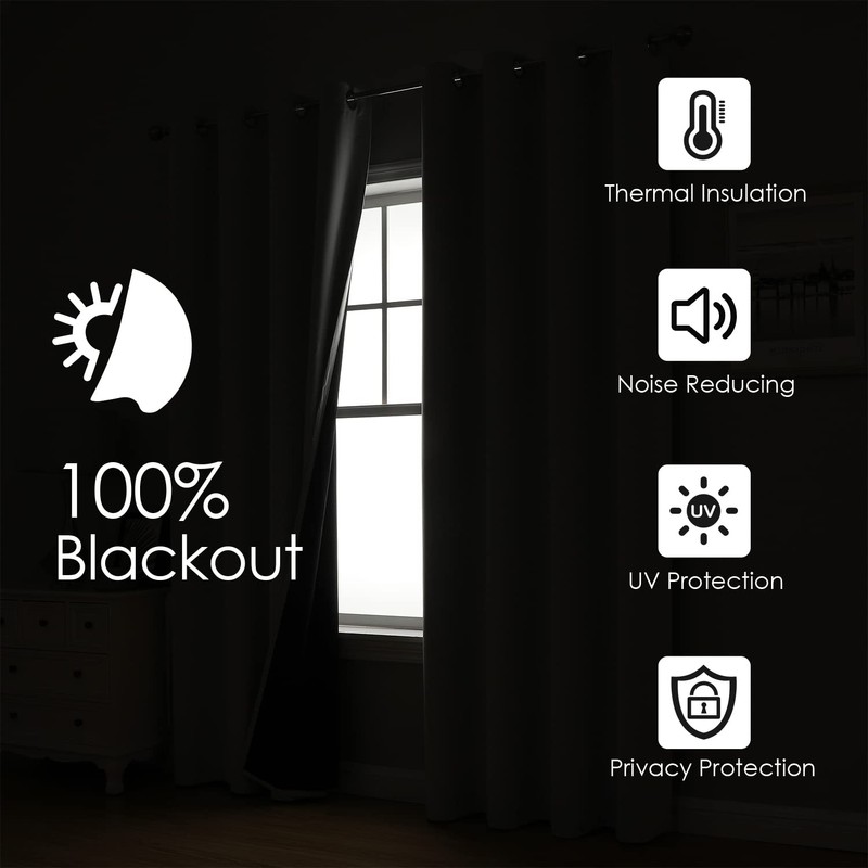 ChrisDowa White 100% Blackout Curtains for Bedroom with Black Liner,