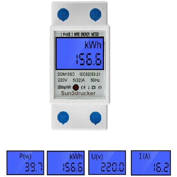 Digital DIN Rail Electricity Meter - 1-Phase 2 Conductors, 32A