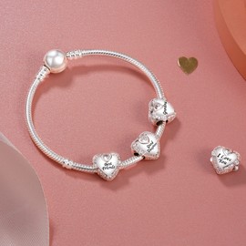 NINGAN 925 Sterling Silver Heart-Shaped Charm Mum, Dad, Daughter, Grandma and Grandpa Family Charm Beads Birthday Gift Suitable for Women's Bracelets and Necklaces, Cubic Zirconia, Cubic Zirconia