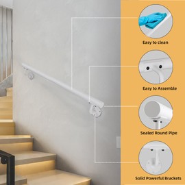 Purife 3 FT Heavy Duty Metal Stairs Railing Indoor White, Wall Mount Pipe Stair Handrail - Hand Rails for Indoor & Outdoor Steps, Banister Deck Porch Patio Railing, Wall Grab Bars for Seniors