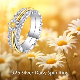 POPLYKE Sunflower Fidget Rings for Anxiety 925 Sterling Silver Spinner Rings for Women Anti Stress Mood Rings Gifts, Sterling Silver, No Gemstone
