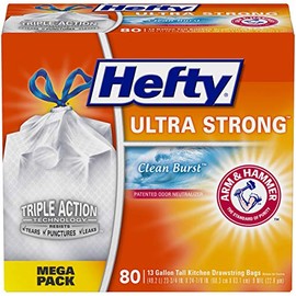Hefty Ultra Strong Tall Kitchen Trash Bags, Clean Burst Scent, 13 Gallon, 80 Count