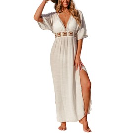 CUPSHE Women Swimsuit Coverup Deep V Neck Half Sleeve Maxi Coverup Dress Beige, XL