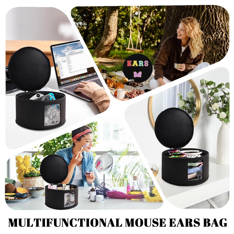 Chenille Letter Bow Mouse Ears Travel Case,Large Round Tiara Tote