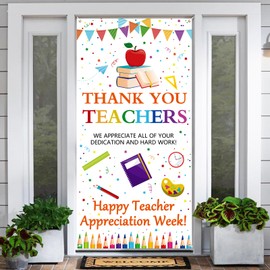 Arosche Teacher Appreciation Week Decorations Banner Door Cover 6x2.9 Ft Thank You Teachers Apples Pen Happy Teacher Appreciation Week Background for Indoor Outdoor Classroom,School,Office Decorations
