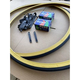 Duro 27 x 1 1/4 Bicycle Black/ Gum Wall Tires + Tubes Bike Touring Road Slick DURO